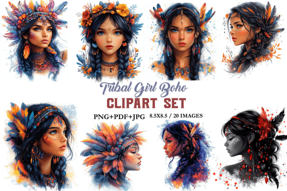 Download Tribal Girl Boho Clipart Set - Boho clipart Collection